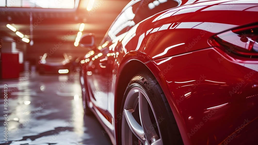 Freshly Detailed Red Luxury Automobile Reflected in Wet Showroom Floor