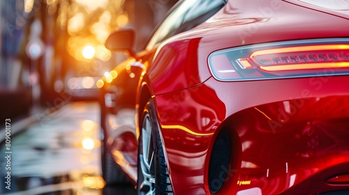 Red Sports Car Glowing in Sunset Light on Urban Road © pkproject