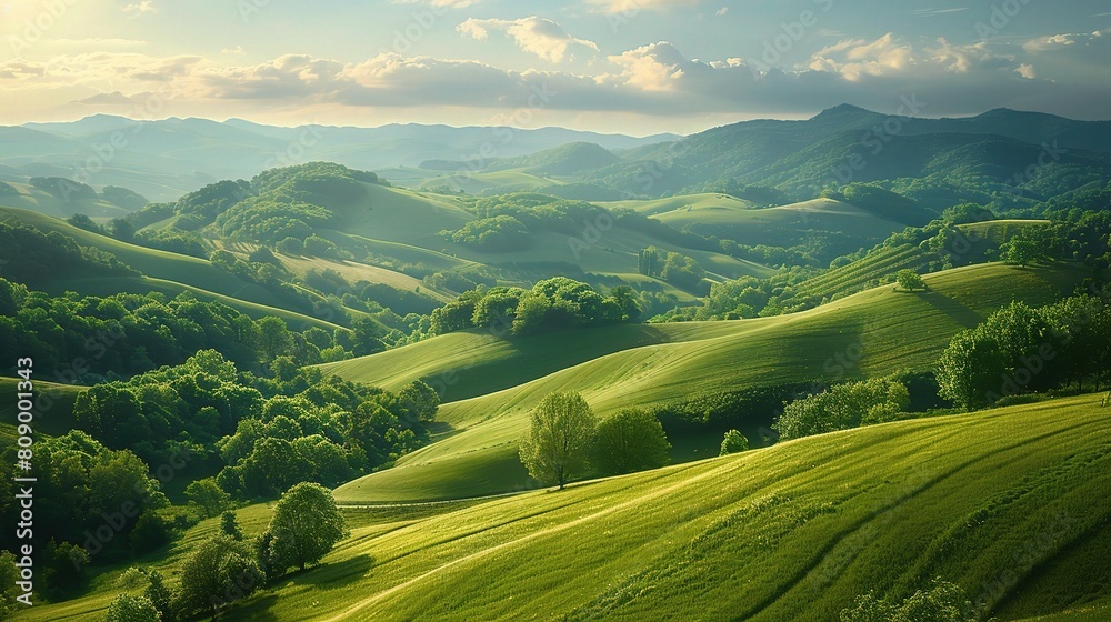 sweeping landscape of rolling hills and lush green valleys