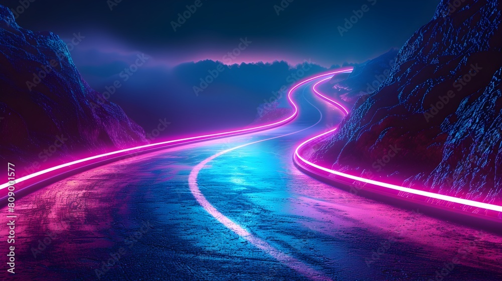 Mesmerizing Futuristic Landscape with Vibrant Curved Neon Road at Dusk