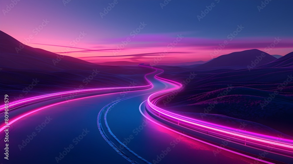 Vibrant Futuristic Landscape with Glowing Neon Road and Luminous Skies