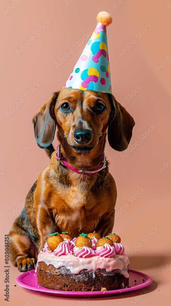 Dachshund wearing a party hat, sitting next to a cake, ideal for birthday celebration or pet party planning services.