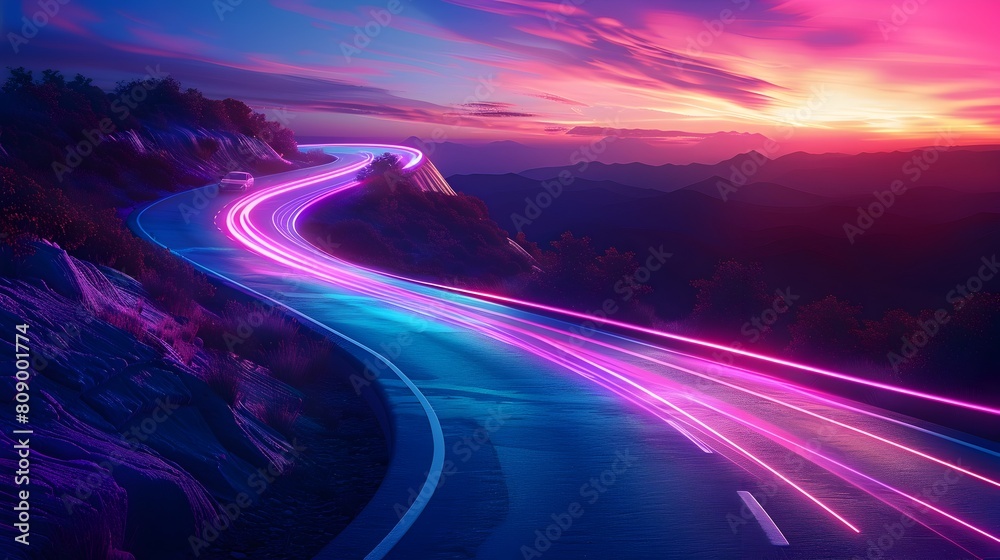 Mesmerizing Neon-Lit Mountainous Landscape at Dusk with Winding Road