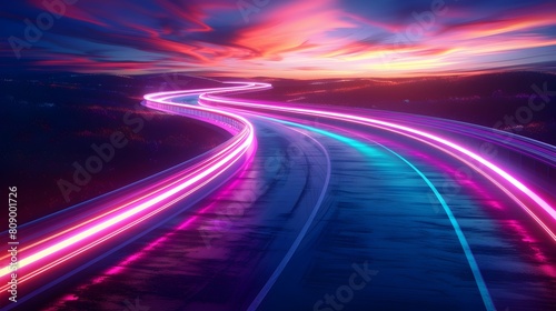 Vibrant Futuristic Roadway Glowing with Neon Energy and Curved Luminous Skies