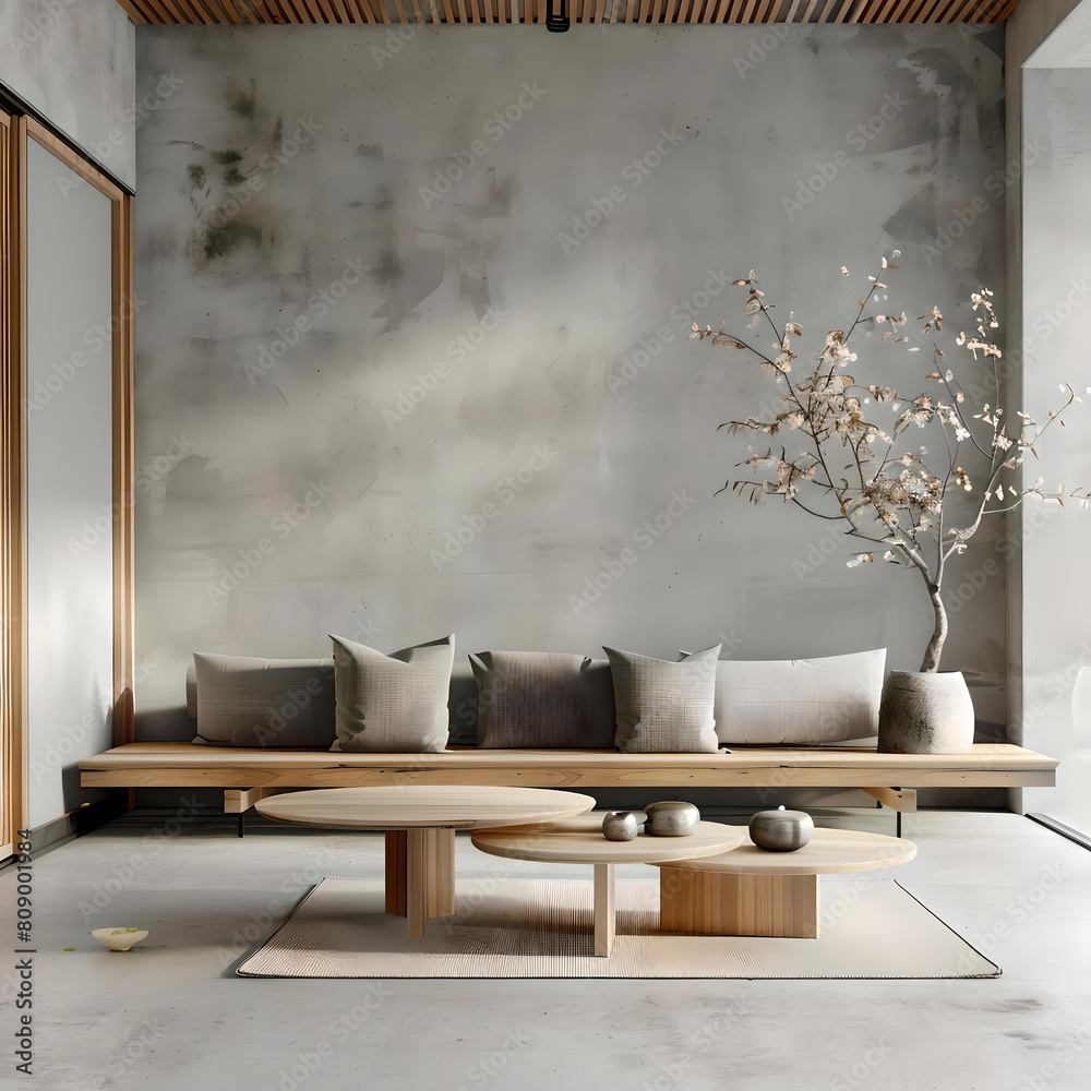 Minimalist Modern Living Room with Concrete Wall and Cherry Blossom Decor, Natural Wood Furniture - Zen Home Interior Design Minimalist Modern Living Room with Concrete Wall and Cherry Blossom Decor, Natural Wood Furniture - Zen Home Interior Design