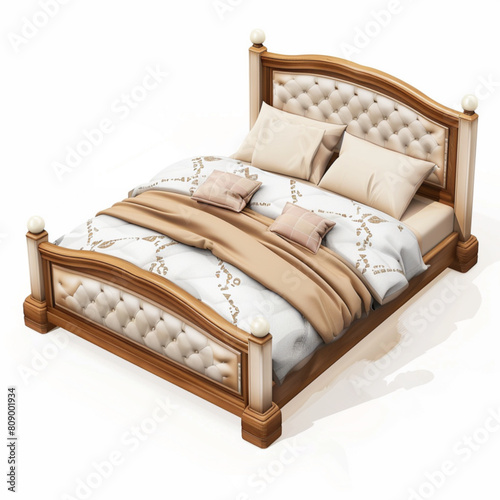 Realistic Wood Double Bed With Red Blanket/ vector. double big bed for couples with pillows and red blanket isolated on a white background