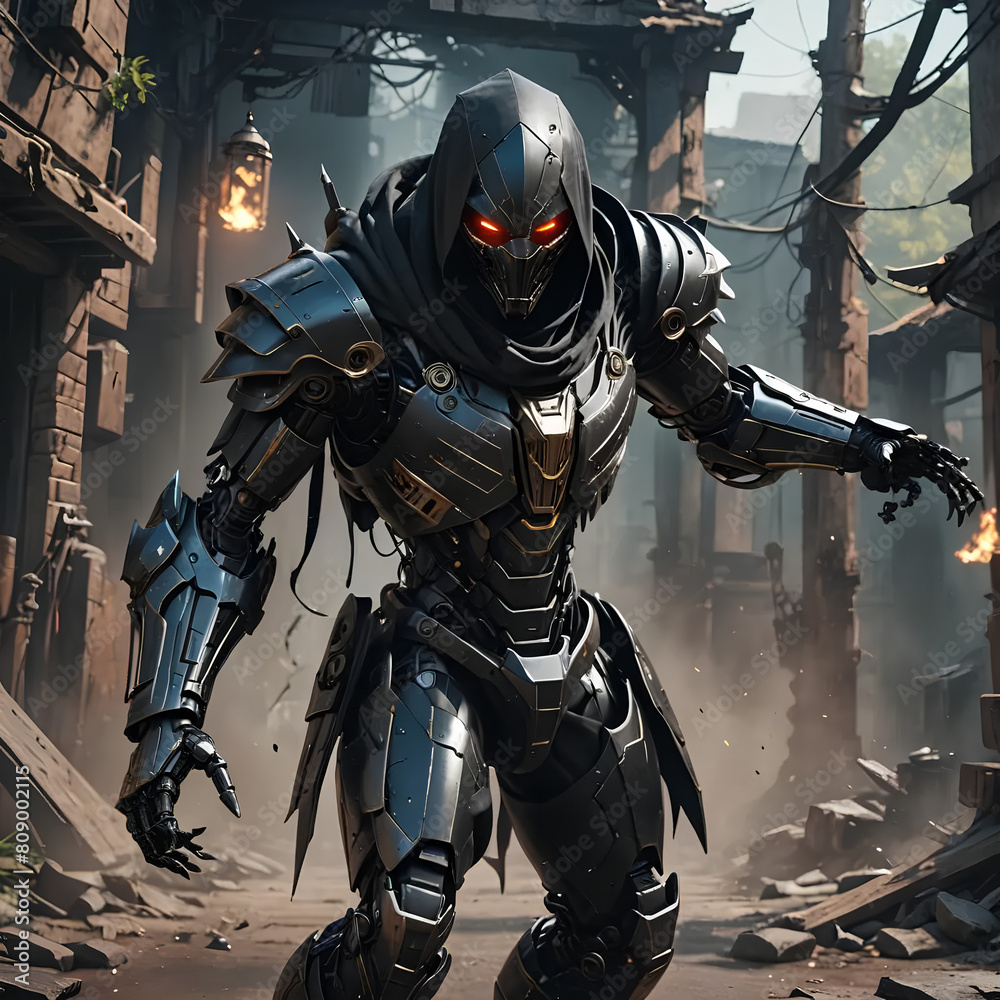 Fototapeta premium A hooded robot takes a fighting stance.