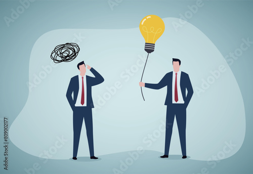 Problem solving skill to think of solution, creativity to solve difficult issue, resolution or coaching to help trouble, confused businessman with messy thinking with other giving lightbulb solution.