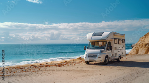 Rv motorhome camping on beach in summertime, off-grid lifestyle, vacations