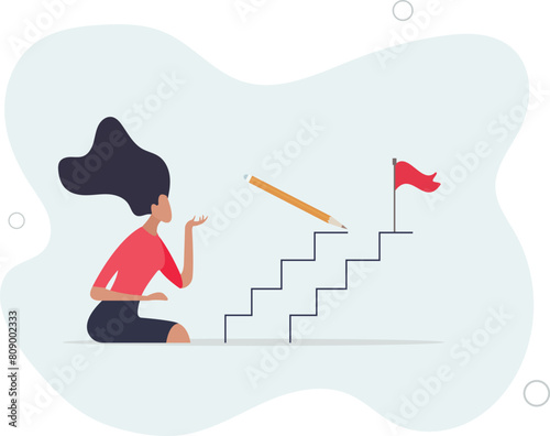 use huge pencil to draw rising up staircase and walk climbing up ladder.flat vector illustration.