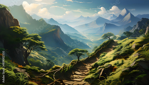 From uncharted trails along the mountainside on digital art concept. photo
