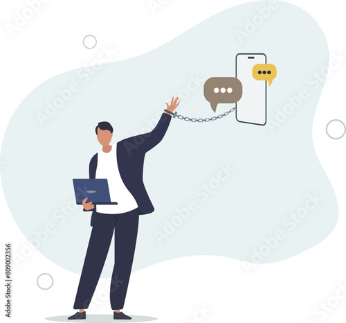 handcuff chained with mobile phone with chat and social media applications.flat vector illustration.