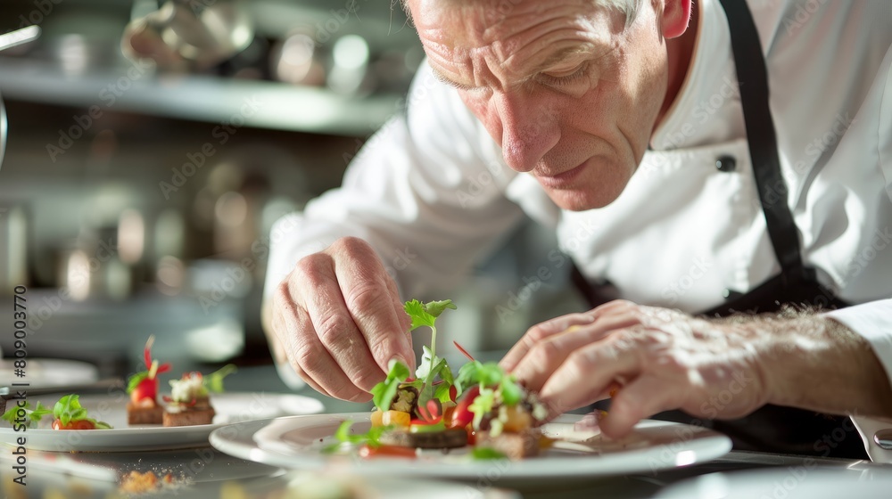 Master Chef's Precision: Artful Plating in Gourmet Kitchen