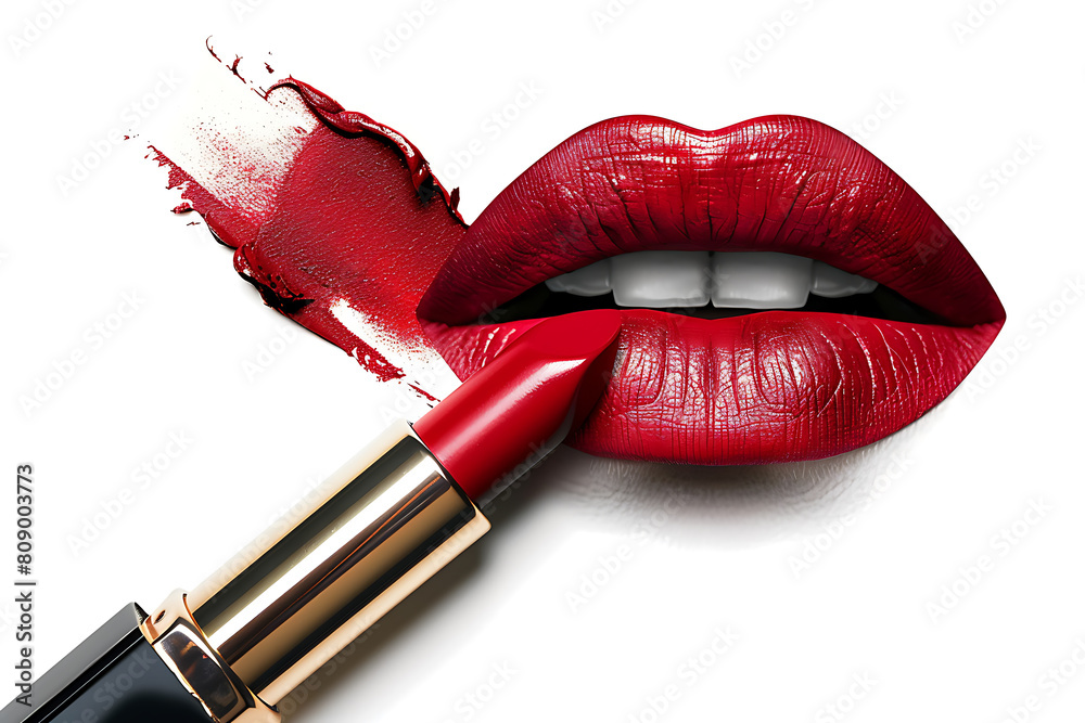 Obraz premium Matte red lipstick and lips isolated on white background