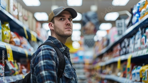 Man Browsing Products in Supermarket Aisle photo