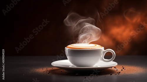 Artful presentation of a steaming cup of coffee with a creamy swirl, set against a moody, dark background. 