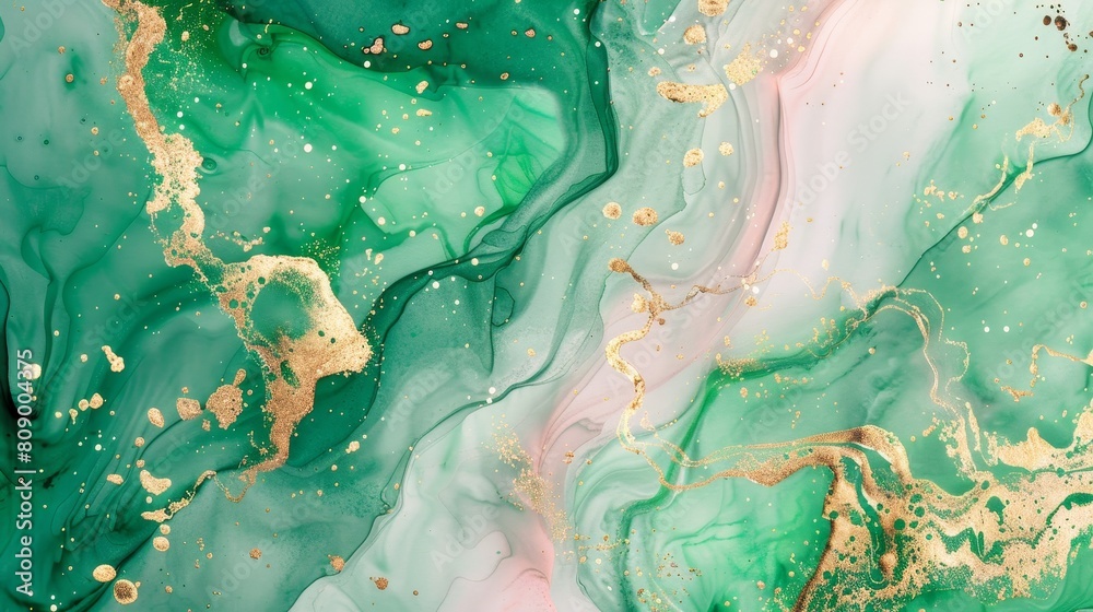 Fototapeta premium Artistic watercolor of fluid art, green paint spilling into golden veins and liquid rose marble, giving the illusion of flowing luxury wallpaper