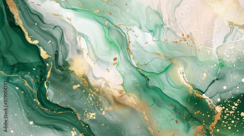Artistic watercolor of fluid art, green paint spilling into golden veins and liquid rose marble, giving the illusion of flowing luxury wallpaper