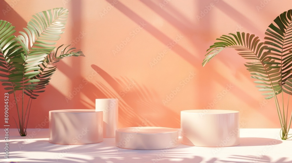 Minimal product placement background with Palm - pink wall - multiple products Minimal product placement background with Palm - pink wall - multiple products