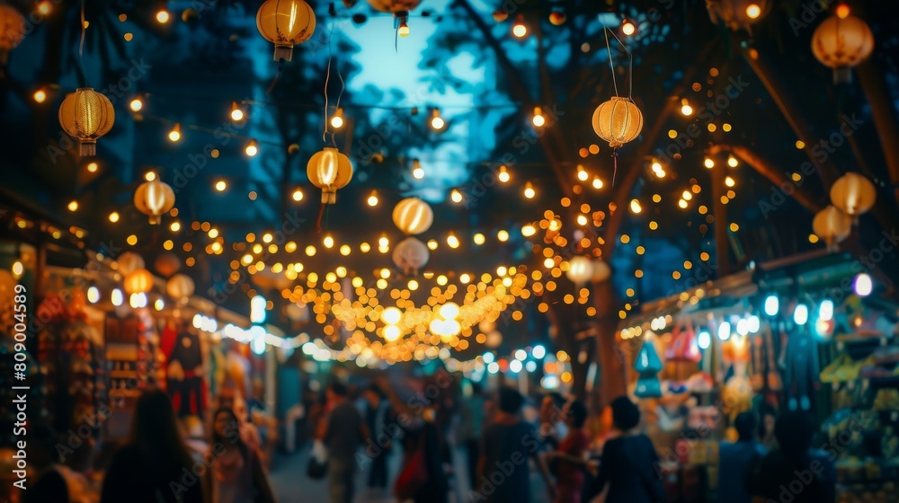 Festive Night Market Scene with Illuminated Lantern Trails