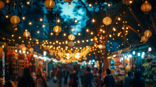 Festive Night Market Scene with Illuminated Lantern Trails
