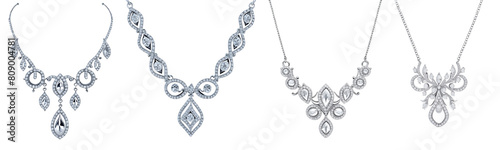 Set of designer white gold diamond necklaces collection isolated on transparent background. Generative AI