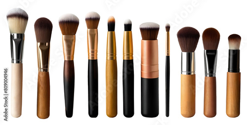 Set of luxury beauty cosmetic makeup brushes isolated on transparent background. Generative AI