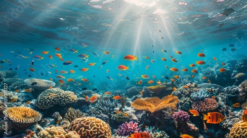 Vibrant Underwater Scene, Colorful Fish Over Coral Reef