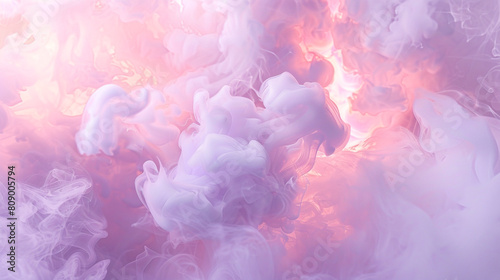 A dense cloud of smoke in pale lavender, with a neon light texture in blush pink creating a soft, romantic effect. photo