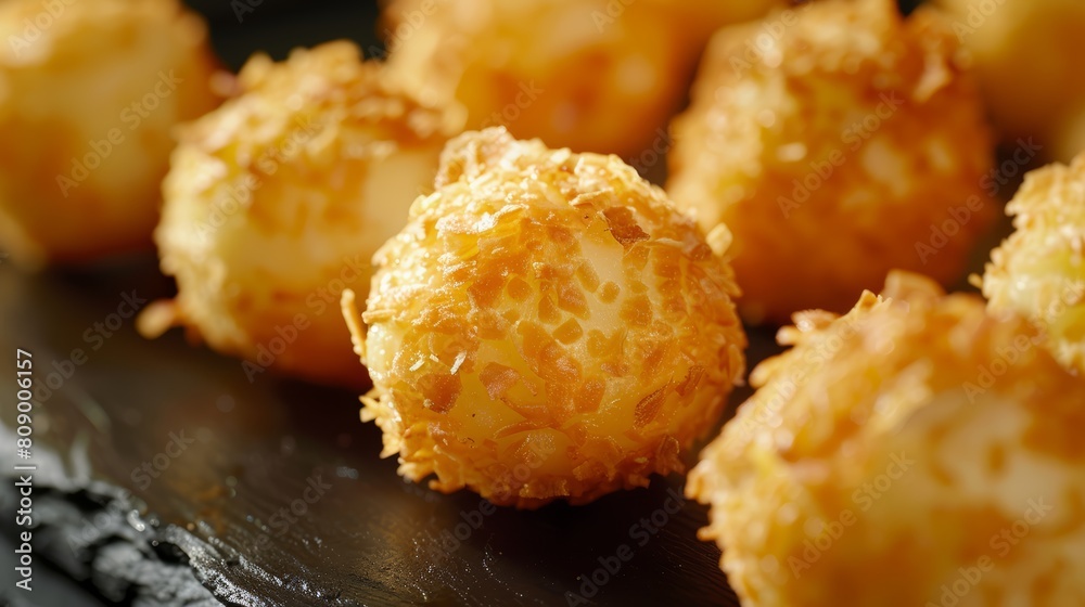 Gourmet Cheese Balls Delight, A luxurious close-up of golden, crispy cheese balls, elegantly arranged on a black slate, highlighting their gooey centers and crispy exteriors Gourmet Cheese Balls Delight, A luxurious close-up of golden, crispy cheese balls, elegantly arranged on a black slate, highlighting their gooey centers and crispy exteriors