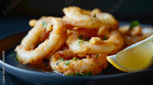 Gourmet Calamari Display, A sophisticated portrait of calamari rings, delicately seasoned and served with a wedge of lemon on a dark background, highlighting the textures and sheen