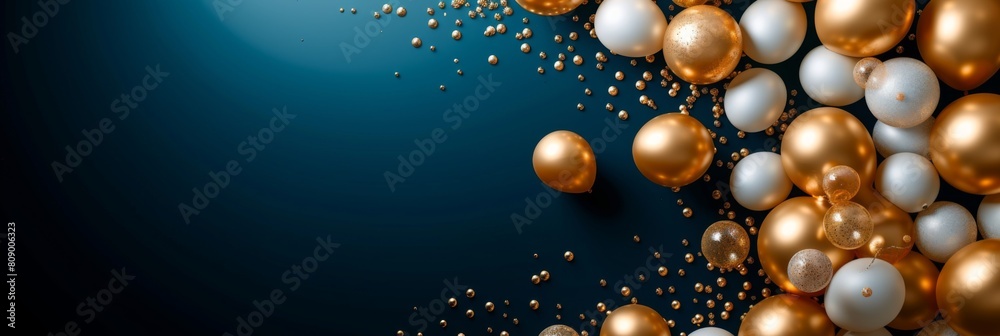 Gold and white balloons floating in an arch on a dark blue background Gold and white balloons floating in an arch on a dark blue background