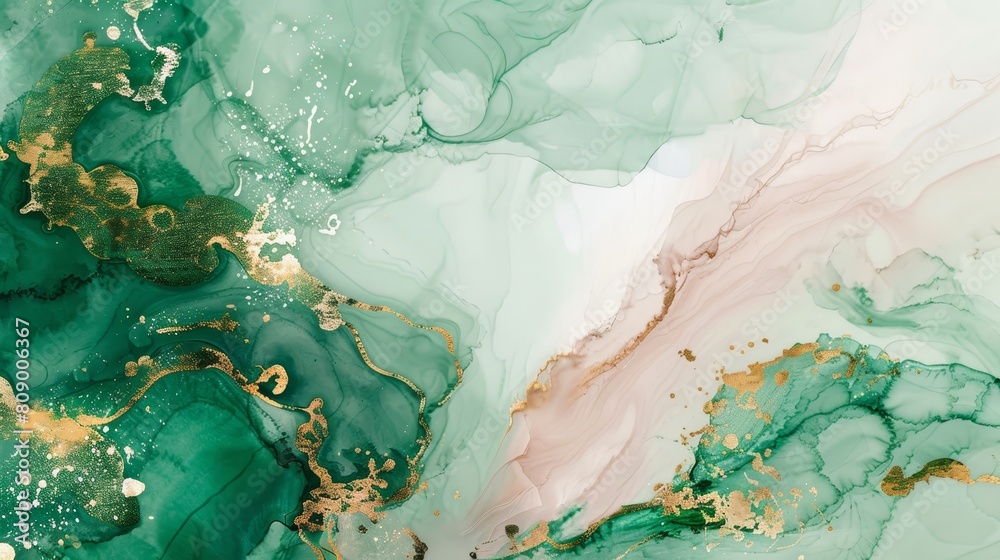 Dynamic watercolor of liquid rose marble mixed with green paint, fluid swirls of gold adding depth and movement for a stunning luxury wallpaper Dynamic watercolor of liquid rose marble mixed with green paint, fluid swirls of gold adding depth and movement for a stunning luxury wallpaper