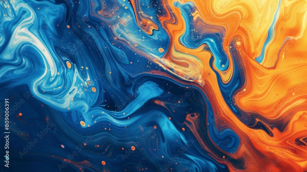 Liquid Swirl Transition, Close-up of vibrant, swirling paint mixing in slow motion, transitioning from a deep blue to a fiery orange, perfect for dynamic video sequences