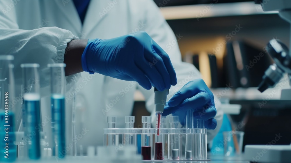 Laboratory worker working with complex equipment such as ELISA reader or PCR machine