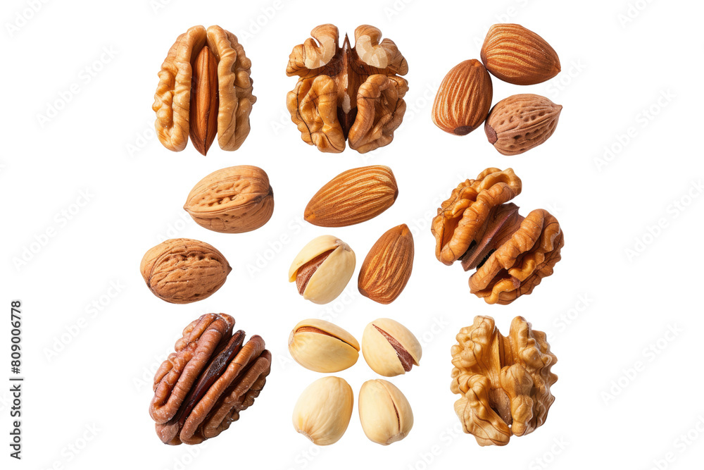 Collection of mixed nuts including almonds isolated on transparent background