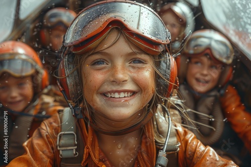 Enchanting illustration portrays young girl pilots in vintage flight suits navigating a classic aircraft through sky adorned with fluffy clouds, capturing ssence of youthful aviation adventure. photo