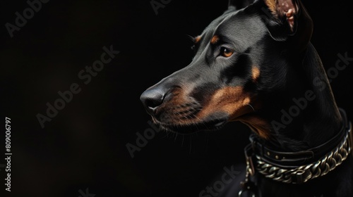 The Dobermans look of his sleek black coat contrasts with the darkness of the background