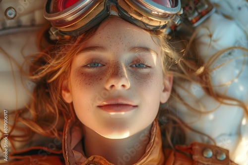 Enchanting illustration portrays young girl pilots in vintage flight suits navigating a classic aircraft through sky adorned with fluffy clouds, capturing ssence of youthful aviation adventure. photo