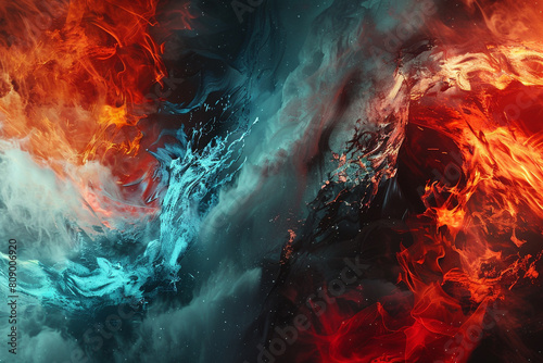 A dynamic and intense interaction of fiery red and icy blue waves, their fierce collision creating a visual spectacle reminiscent of fire meeting ice. photo