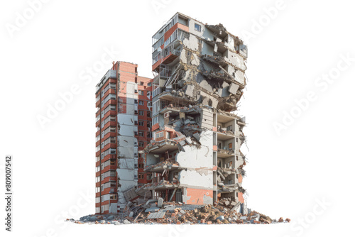 Demolished building and residential house isolated on transparent background