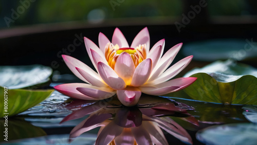 Loy Krathong festival with colorful candles light and full moon in Thailand background. Floating ritual banana leaves vessel lamp and lotus flower into the 