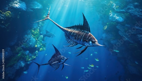 Giant Marlin fish in the ocean, beautiful view of marlin fish in the blue ocean