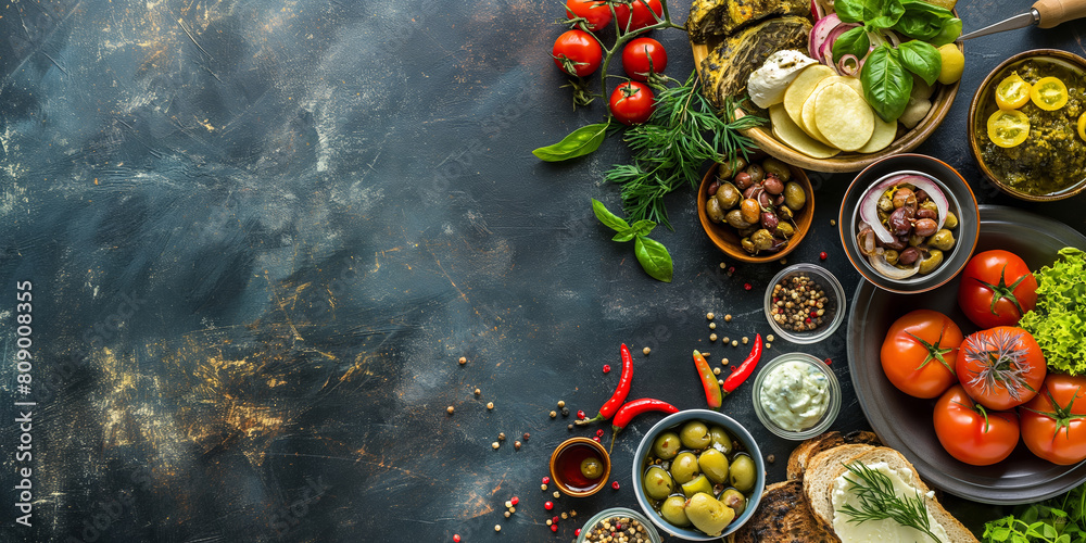 Greek food and flag on a blue background. Typical mediterranean dishes in Greece. Olive, olive oil, feta cheese, salad, fresh vegetables, herbs. Food menu, copy space design.