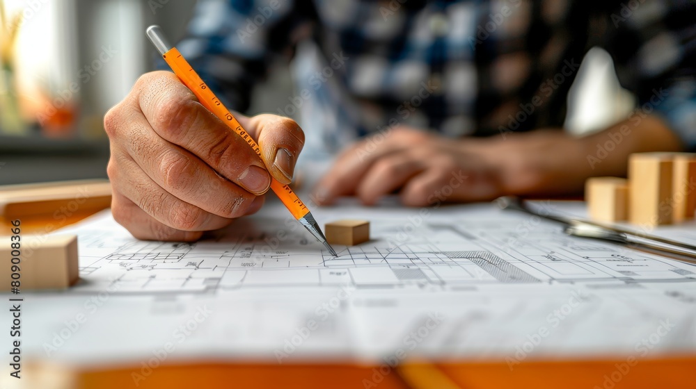 Focused shot of a ruler in hand, architect drawing on a detailed blueprint, wooden blocks and papers on the meeting table Focused shot of a ruler in hand, architect drawing on a detailed blueprint, wooden blocks and papers on the meeting table