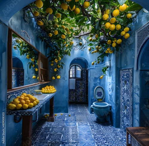 Swimming pool in the style of Moroccan Architecture in bright blue hammam  lemon tree  internal patio of the riad. Ornate Ceramic Tiles with Mosaic Blue House In Morocco