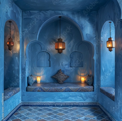 Swimming pool in the style of Moroccan Architecture in bright blue hammam, lemon tree, internal patio of the riad. Ornate Ceramic Tiles with Mosaic Blue House In Morocco © shustrilka