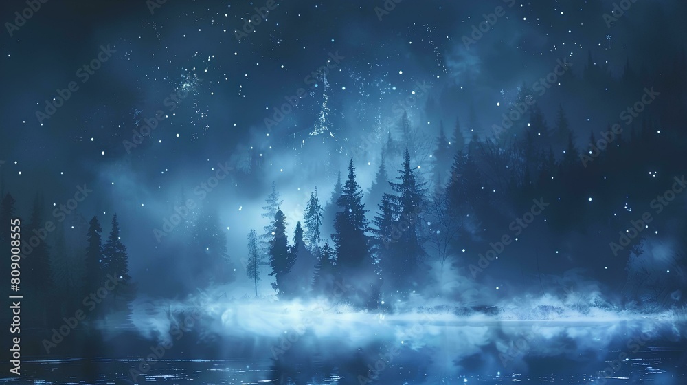 Dark fantasy winter forest. Night landscape with trees, fog, moon and rays of light. Winter background