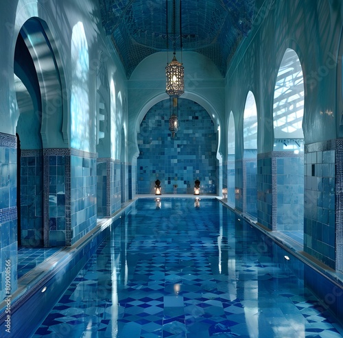 Swimming pool in the style of Moroccan Architecture in bright blue hammam, lemon tree, internal patio of the riad. Ornate Ceramic Tiles with Mosaic Blue House In Morocco © shustrilka