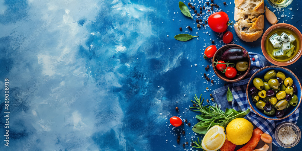 Greek food and flag on a blue background. Typical mediterranean dishes in Greece. Olive, olive oil, feta cheese, salad, fresh vegetables, herbs. Food menu, copy space design.